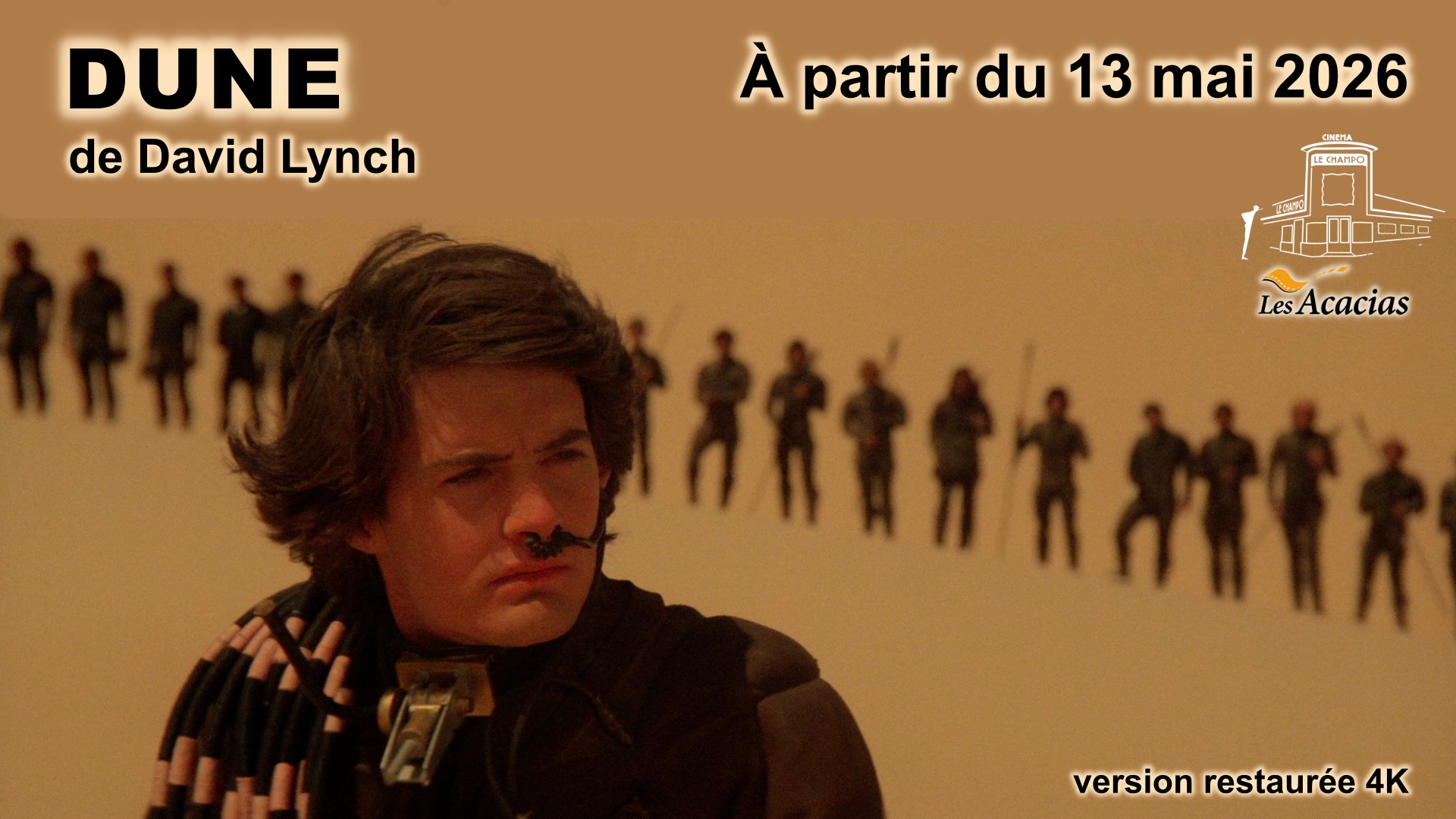 Paul Atréides dans DUNE de David Lynch, sur fond de désert d’Arrakis, pour la ressortie du film au Champo à partir du 13 mai 2026.