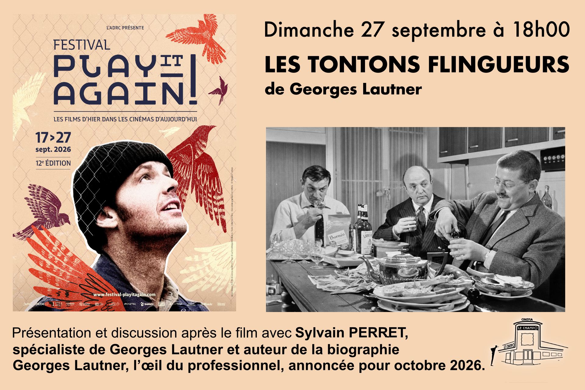 Lino Ventura entouré de Bernard Blier, Francis Blanche et des gangsters des Tontons flingueurs dans la comédie de Georges Lautner.. Festival Play-it again zu Champo
