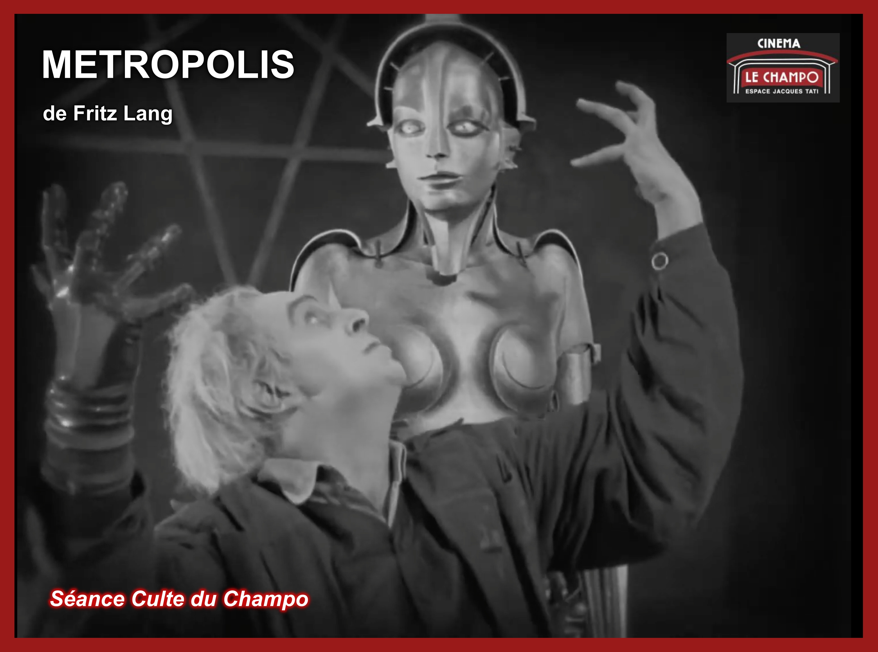 Metropolis  : la robot-Maria devant la cité futuriste, film expressionniste de Fritz Lang