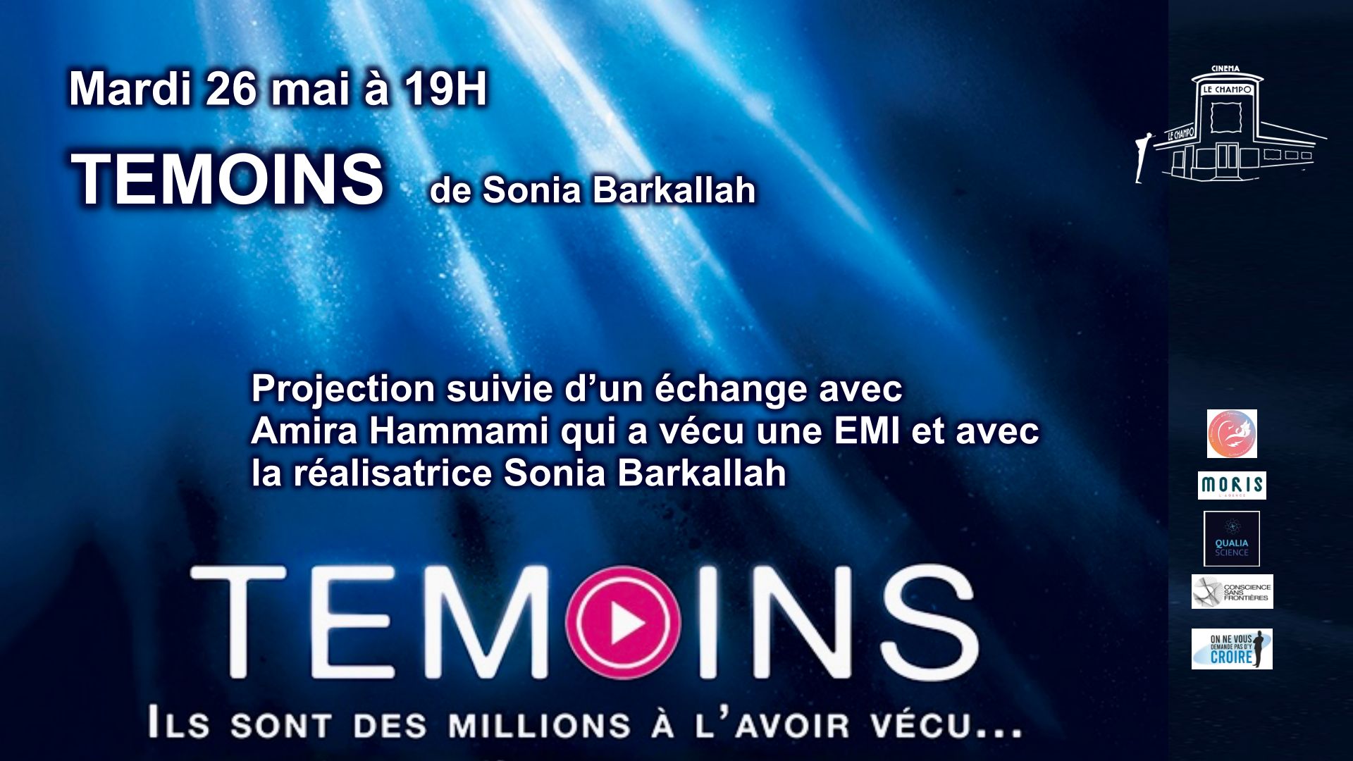 Affiche du film TEMOINS de Sonia Barkallah (2024), docu-fiction française autour des expériences de mort imminente., projection débat au Champo le 26 mai a 19H