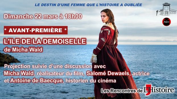 Affiche/visuel de la séance « L’Île de la Demoiselle » au cinéma Le Champo : une femme (Salomé Dewaels) sur un rocher au bord de la mer, film de Micha Wald présenté dans le cadre des Rencontres de L’Histoire, suivi d’un débat avec le réalisateur et Antoine de Baecque