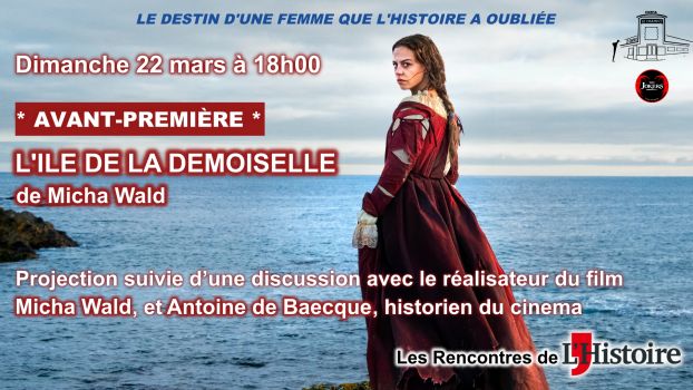 Affiche/visuel de la séance « L’Île de la Demoiselle » au cinéma Le Champo : une femme (Salomé Dewaels) sur un rocher au bord de la mer, film de Micha Wald présenté dans le cadre des Rencontres de L’Histoire, suivi d’un débat avec le réalisateur et Antoine de Baecque